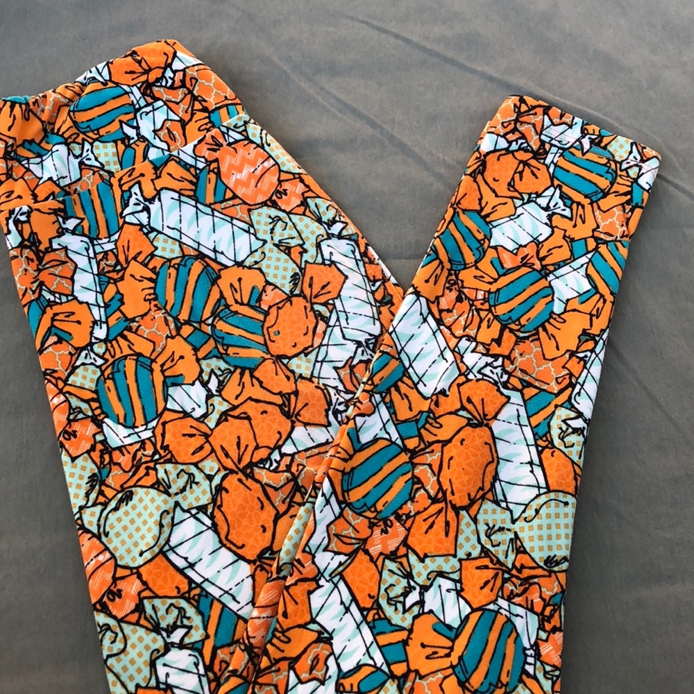 Lularoe Leggings OS Candy Taffy Print Orange Green Comfy One Size Athleisure